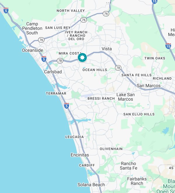 Map of North County San Diego showing Coastal Aesthetic Physicians in Vista